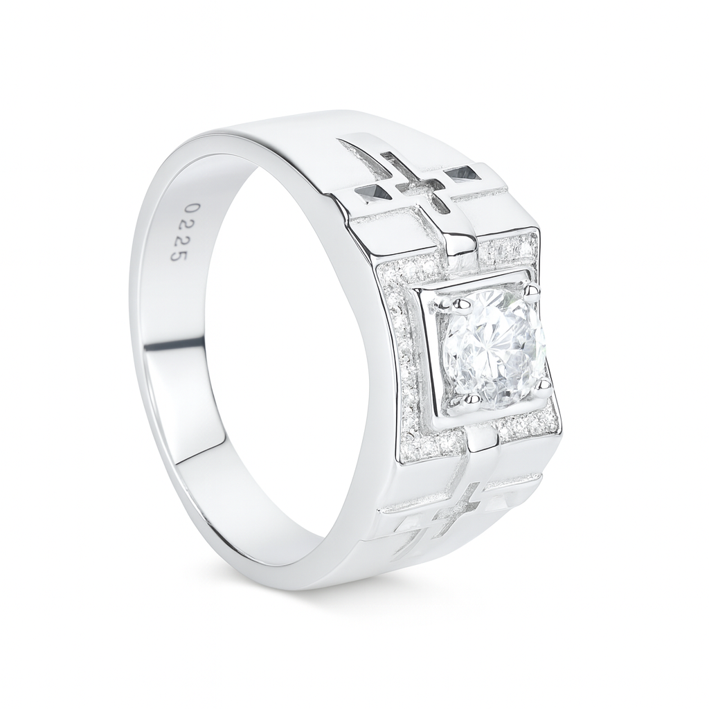 Silver ring with a diamond on a white background