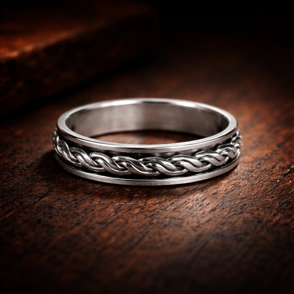 Silver ring with braided design on a wooden surface