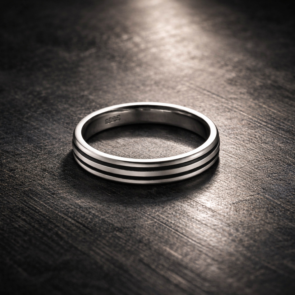Silver ring with three horizontal bands on a dark wooden surface