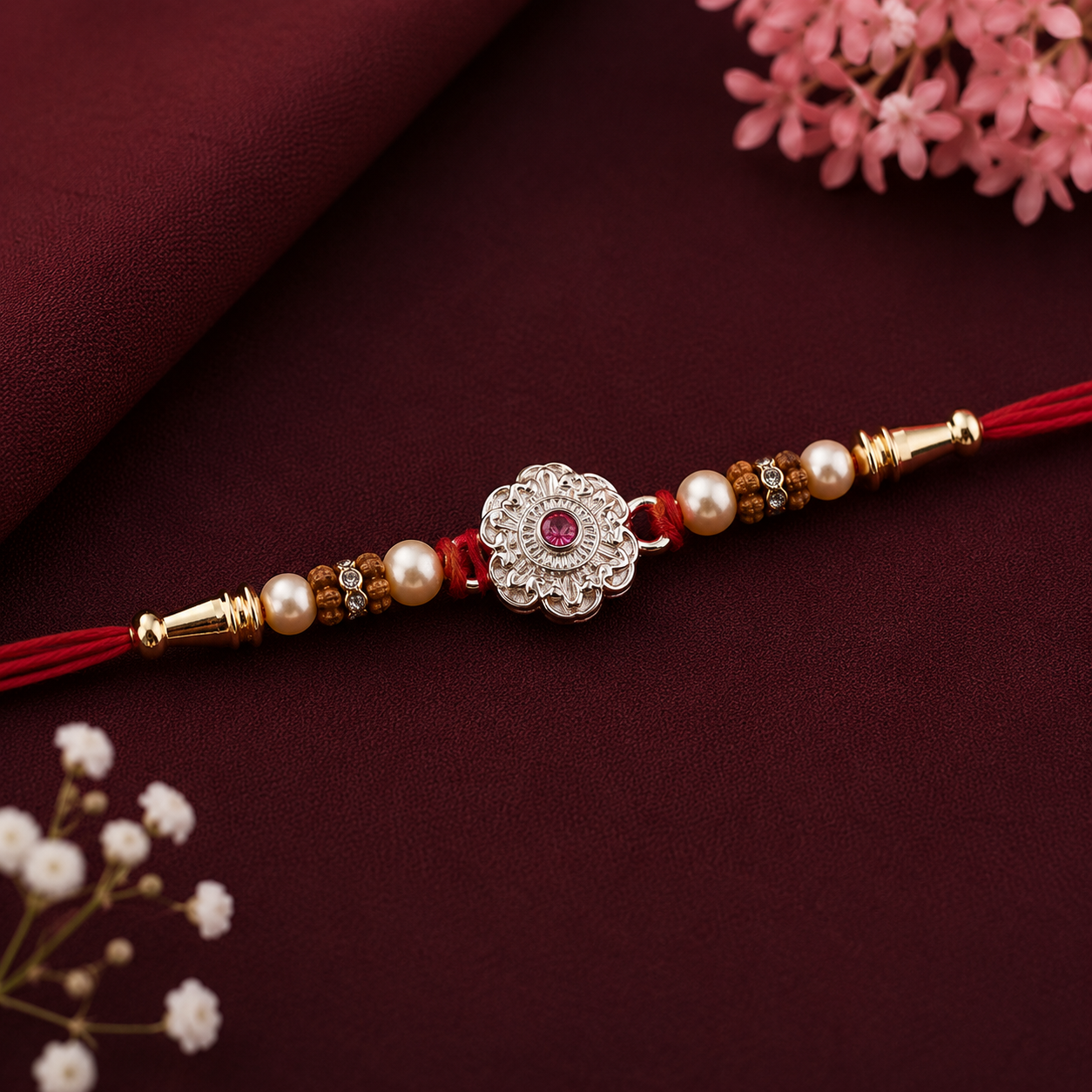 A traditional Indian Rakhi bracelet with a silver-toned floral charm, red thread, faux pearls, and gold-toned beads, displayed on a dark burgundy fabric background with decorative flowers.