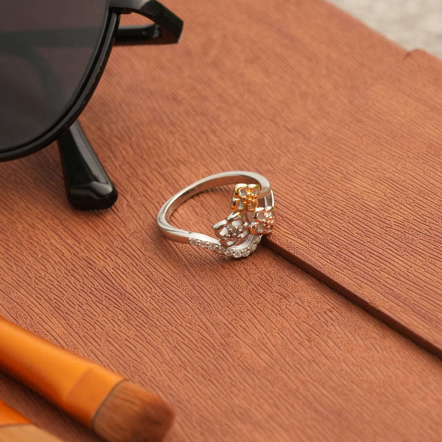 tri flower silver ring for women
