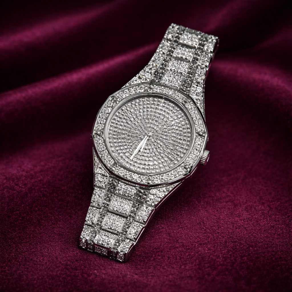 Luxury diamond-encrusted watch on a purple fabric background