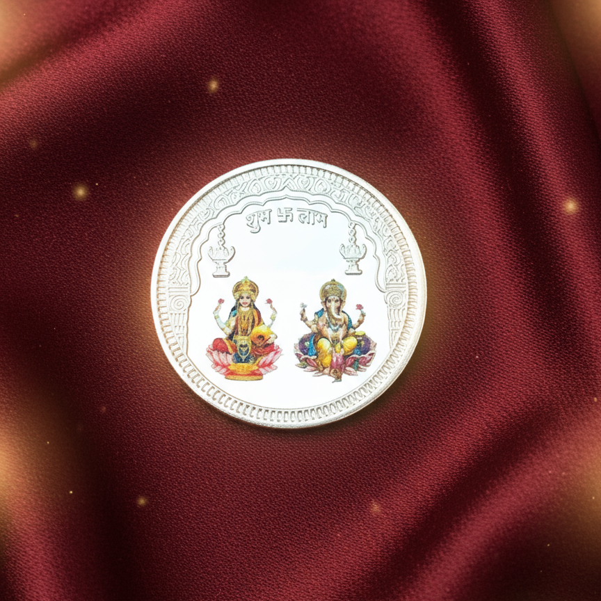 Silver coin with colorful engravings on a white background