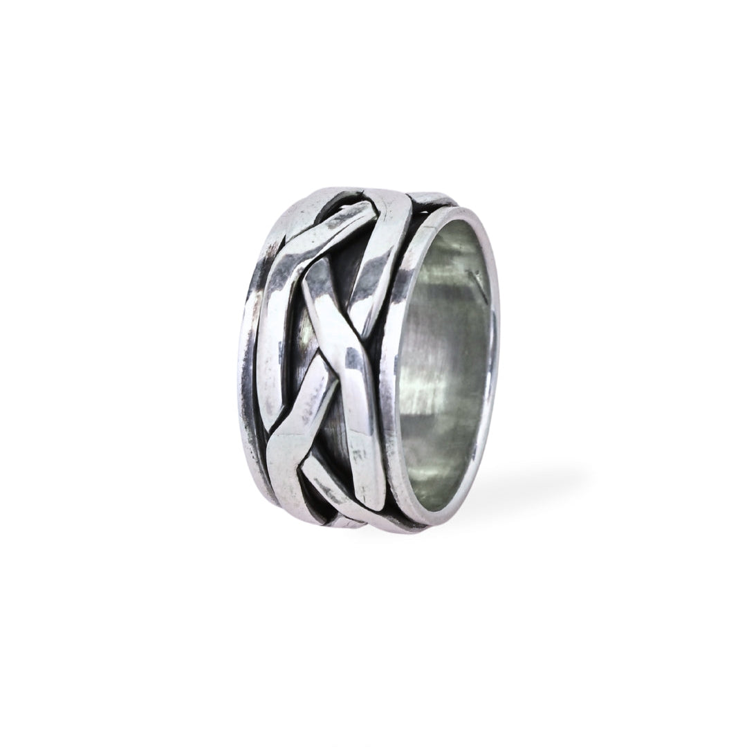 Silver ring with braided design on a white background, featuring the brand 'Trishna'.