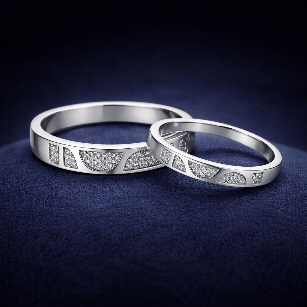 Two silver rings with diamond accents on a dark blue fabric background