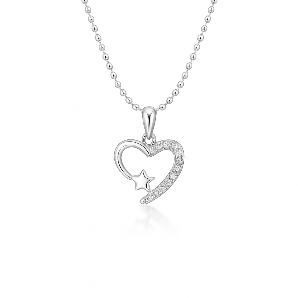 Silver heart-shaped pendant with a star on a white background