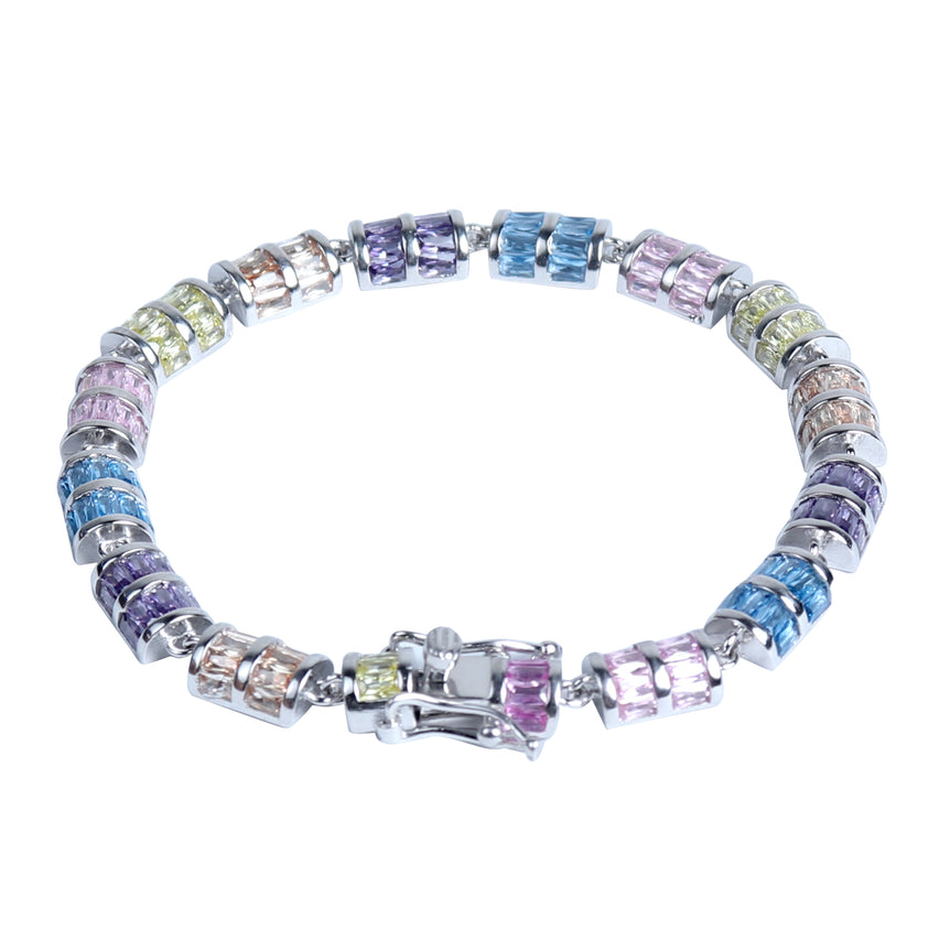 silver bracelet with cylindrical design and multicolour stones