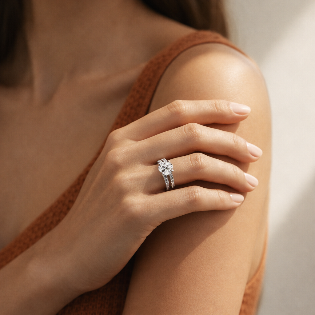 Close-up of a hand wearing a diamond ring on a neutral background
