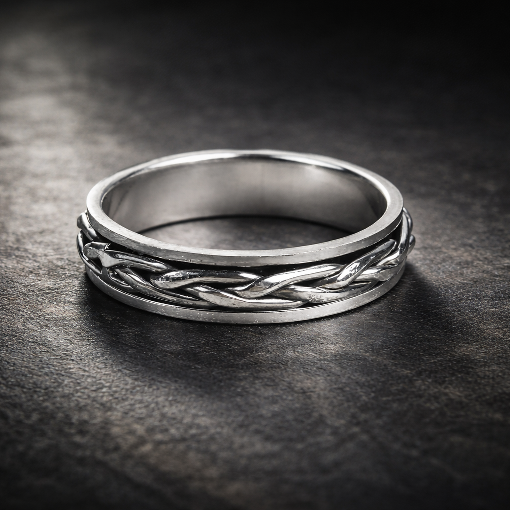 Silver ring with braided design on a dark textured surface