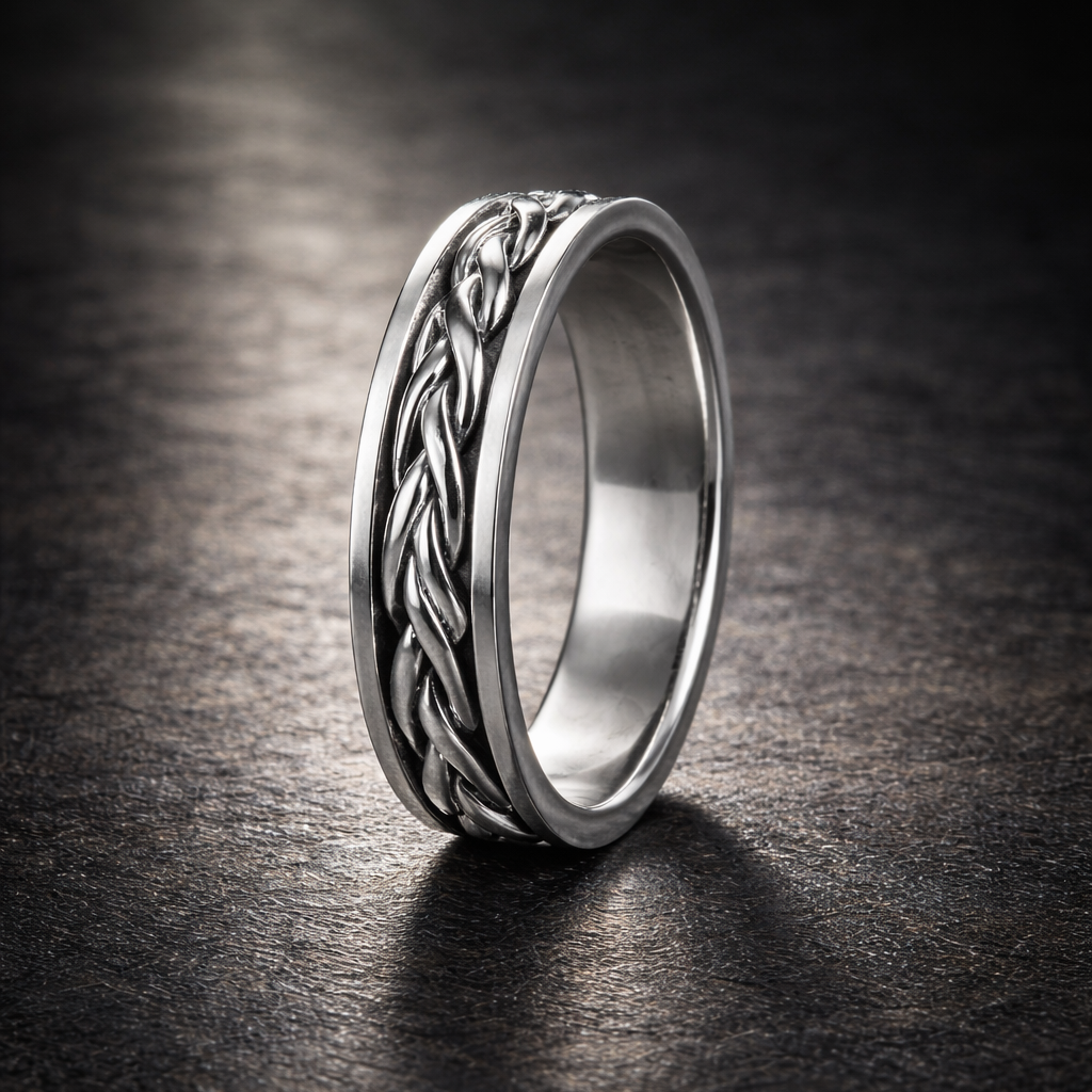 Silver ring with intricate design on a dark surface